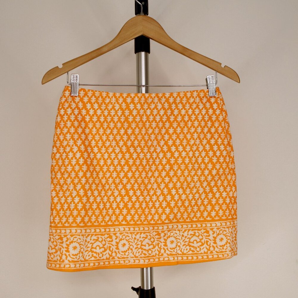 Sz 00- J. Crew Fctry Stretch Orange Boho Pattern Zip Up Mini Skirt with Pockets‎